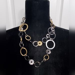 Lia Sophia " Improv" long chain necklace hammered metal textures gold/silver